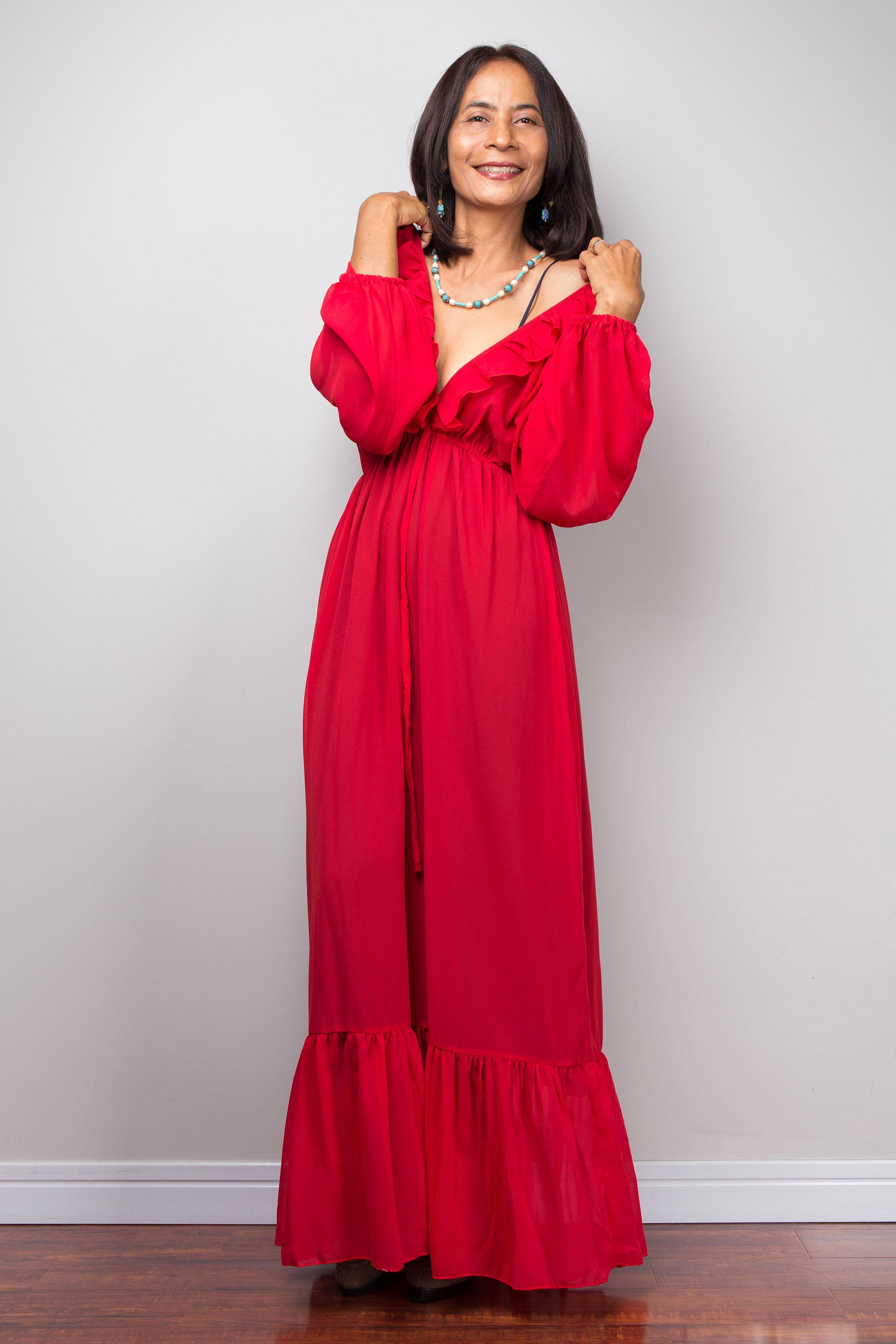 red ruffle long sleeve dress Ruffle Hem Mini Dress (Red)