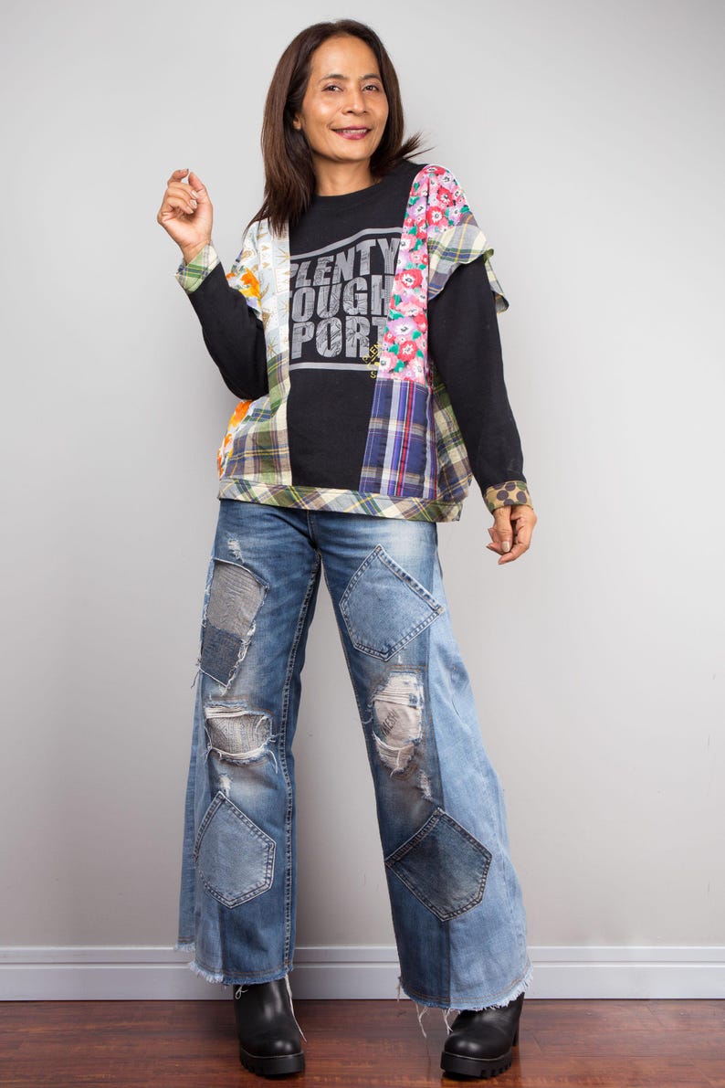 Patchwork sweater, Reworked pullover, Black sweater with plaid and floral patchwork, one of a kind reworked sweater, streetstyle pullover image 6