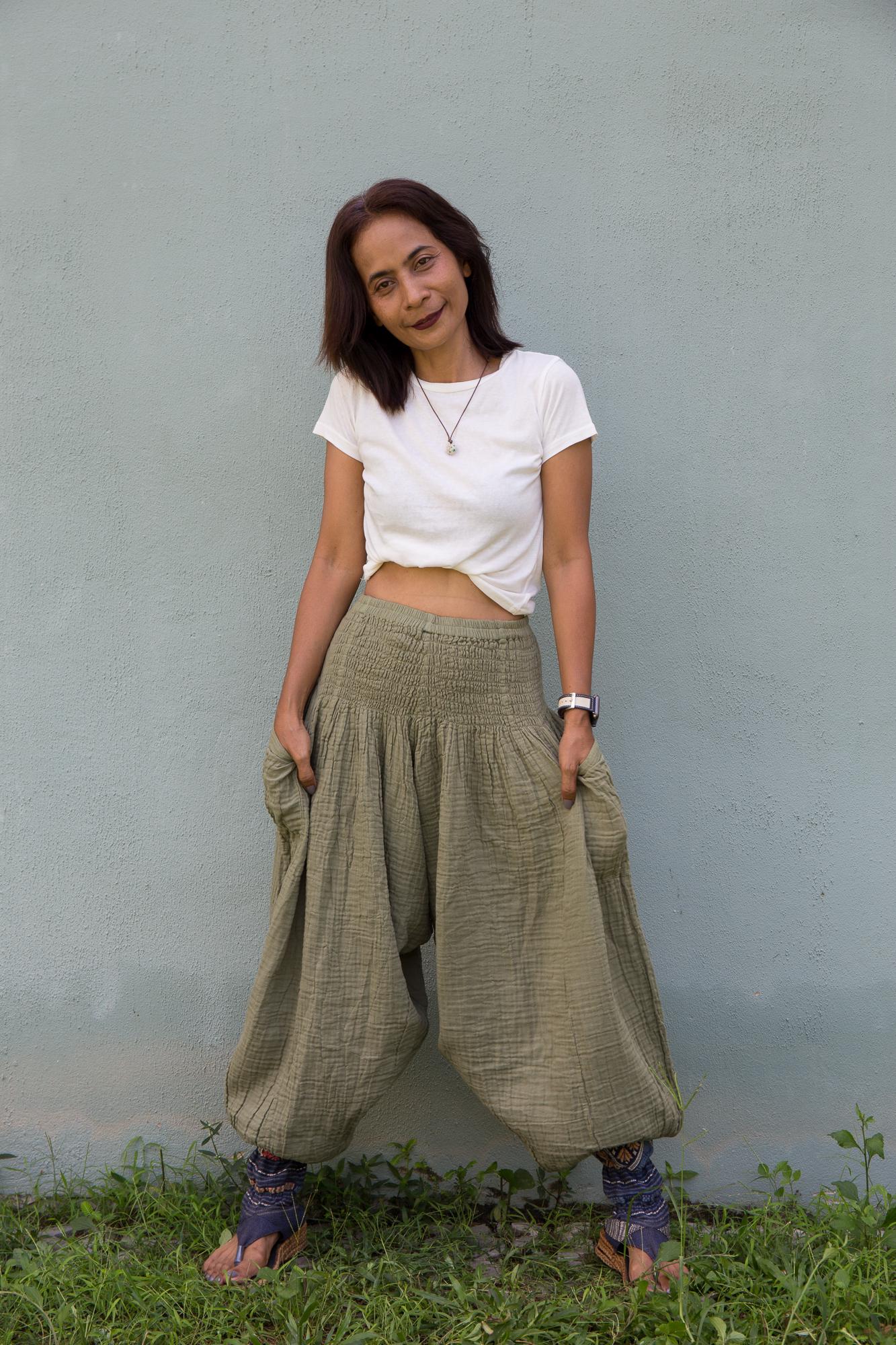 Sage Green Cotton gauze harem pants - Lightweight, Breathable Boho Trousers