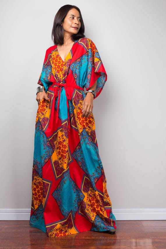 Red Turquoise Cotton Caftan Dress, Boho Patchwork Print Maxi Kaftan Dress  With Pockets, Women's Dress for Summer 2025 - Etsy