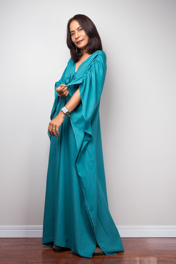 flowy kaftan maxi dress Teal Kaftan Dress: Flowy Maxi Lounge Dress, One Size