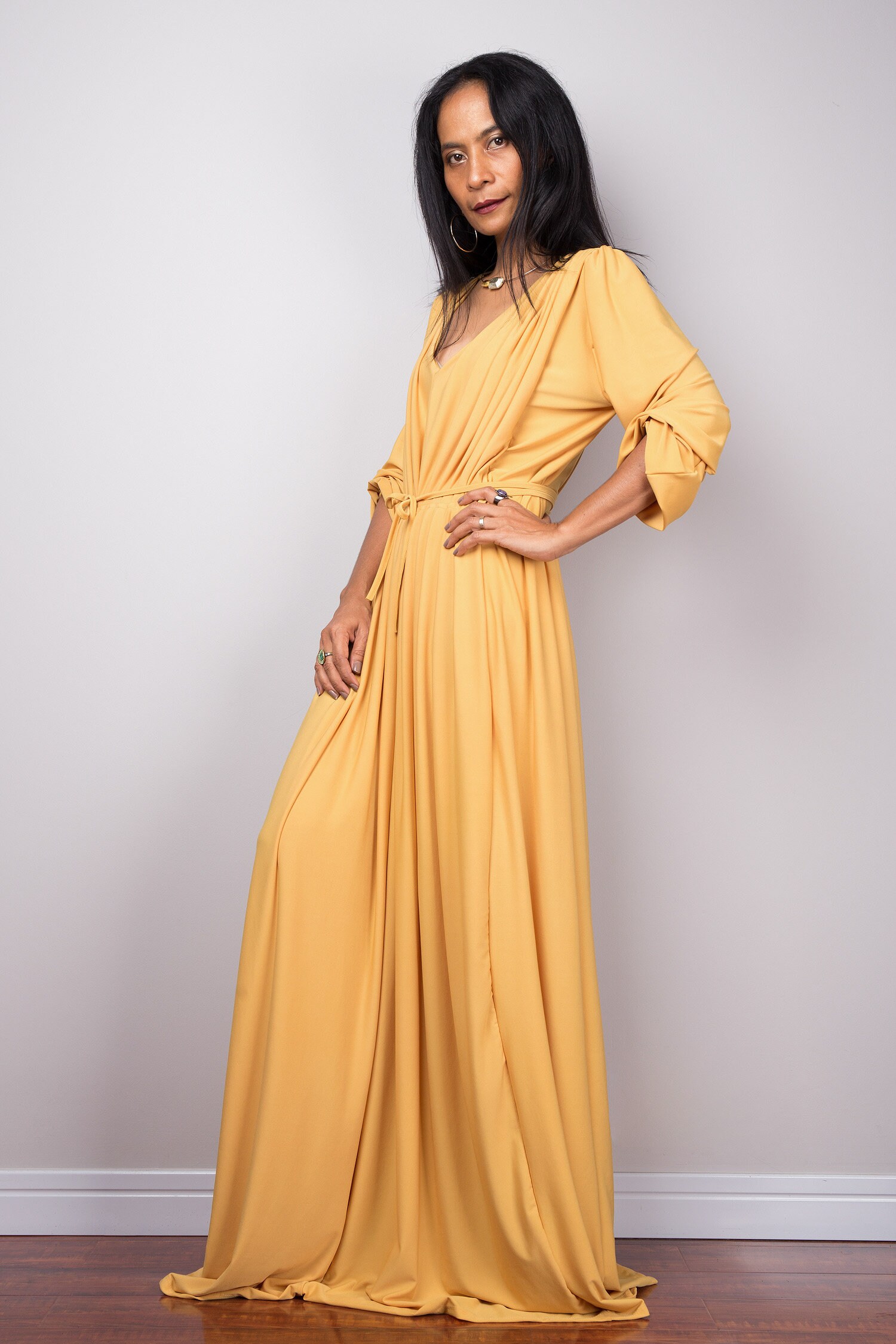 Yellow dress Evening maxi dress dress long sleeves Pleated | Etsy