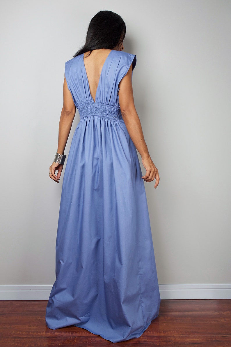 Sleeveless Blue Bridesmaid Dress, A High waist maxi dress with plunging neckline OS2 image 5