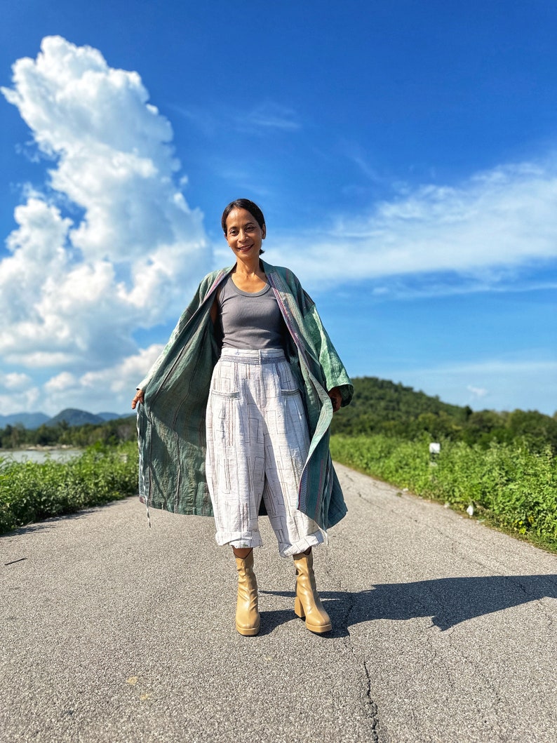 Open front cardigan, Green hemp coat, Handwoven hemp duster , Soft green tie dye coat with Hmong embroidery details image 9