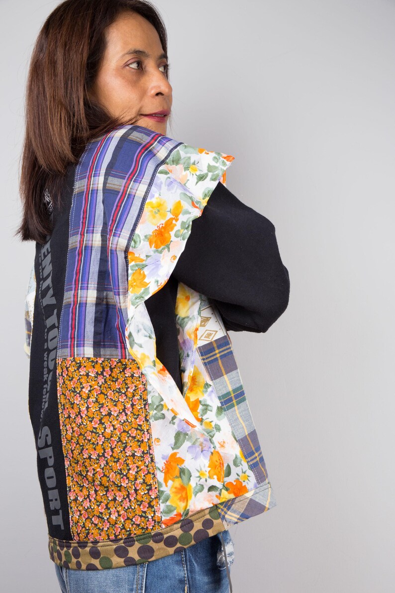 Patchwork sweater, Reworked pullover, Black sweater with plaid and floral patchwork, one of a kind reworked sweater, streetstyle pullover image 8
