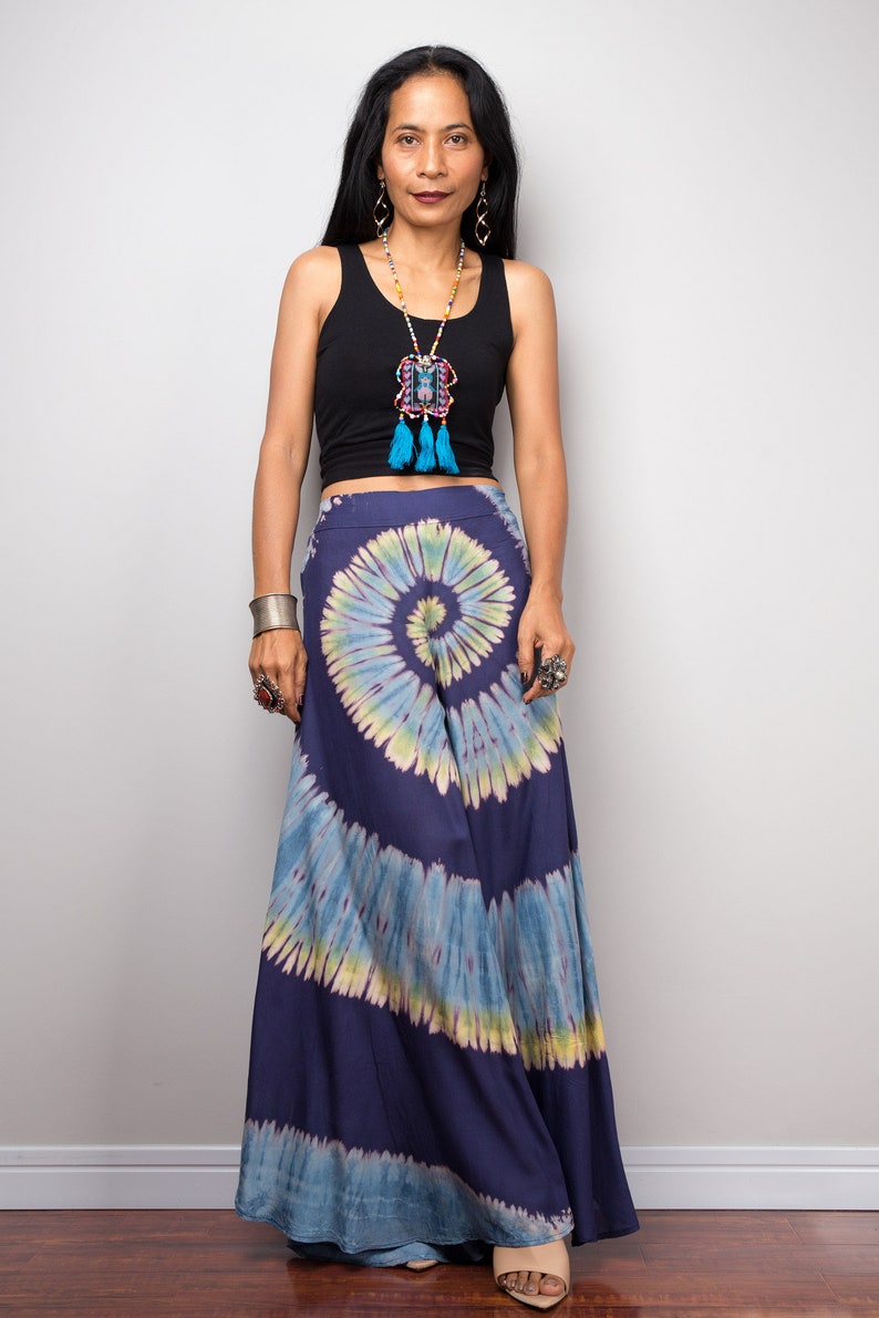 Hippie gypsy pants Teal Wide leg pants Tie Dye pants Flare bell bottoms pants with split