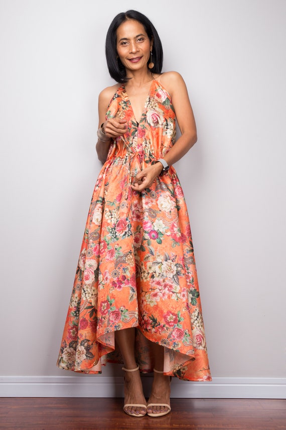 Floral halter dress, Sleeveless boho party dress, Open back dress, holiday dress, evening dress