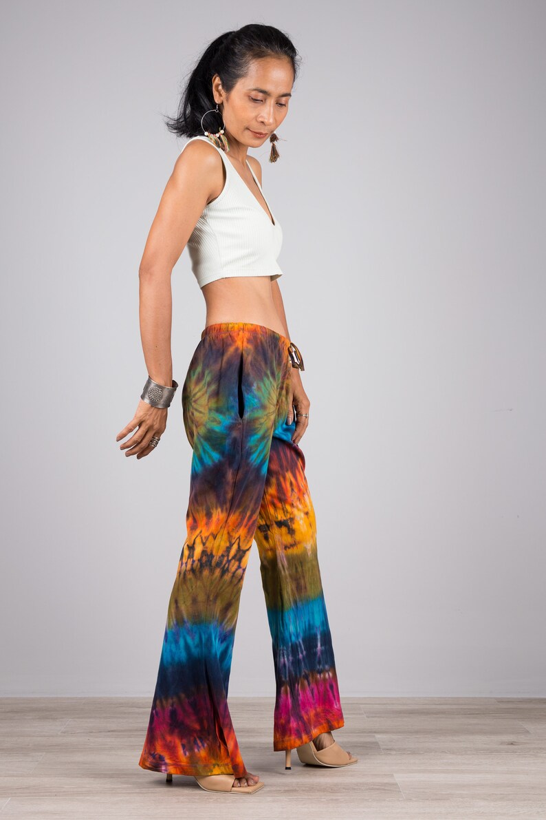 Boho hippie flare pants Wide leg pants Tie dye rainbow summer pants Flare bell bottoms pants image 5