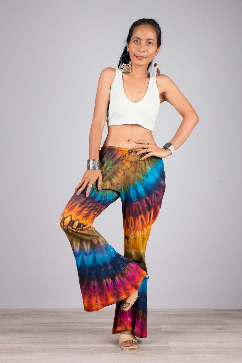 Boho hippie flare pants Wide leg pants Tie dye rainbow summer pants Flare bell bottoms pants image 4