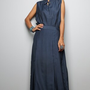 Blue sleeveless long dress with waist tie