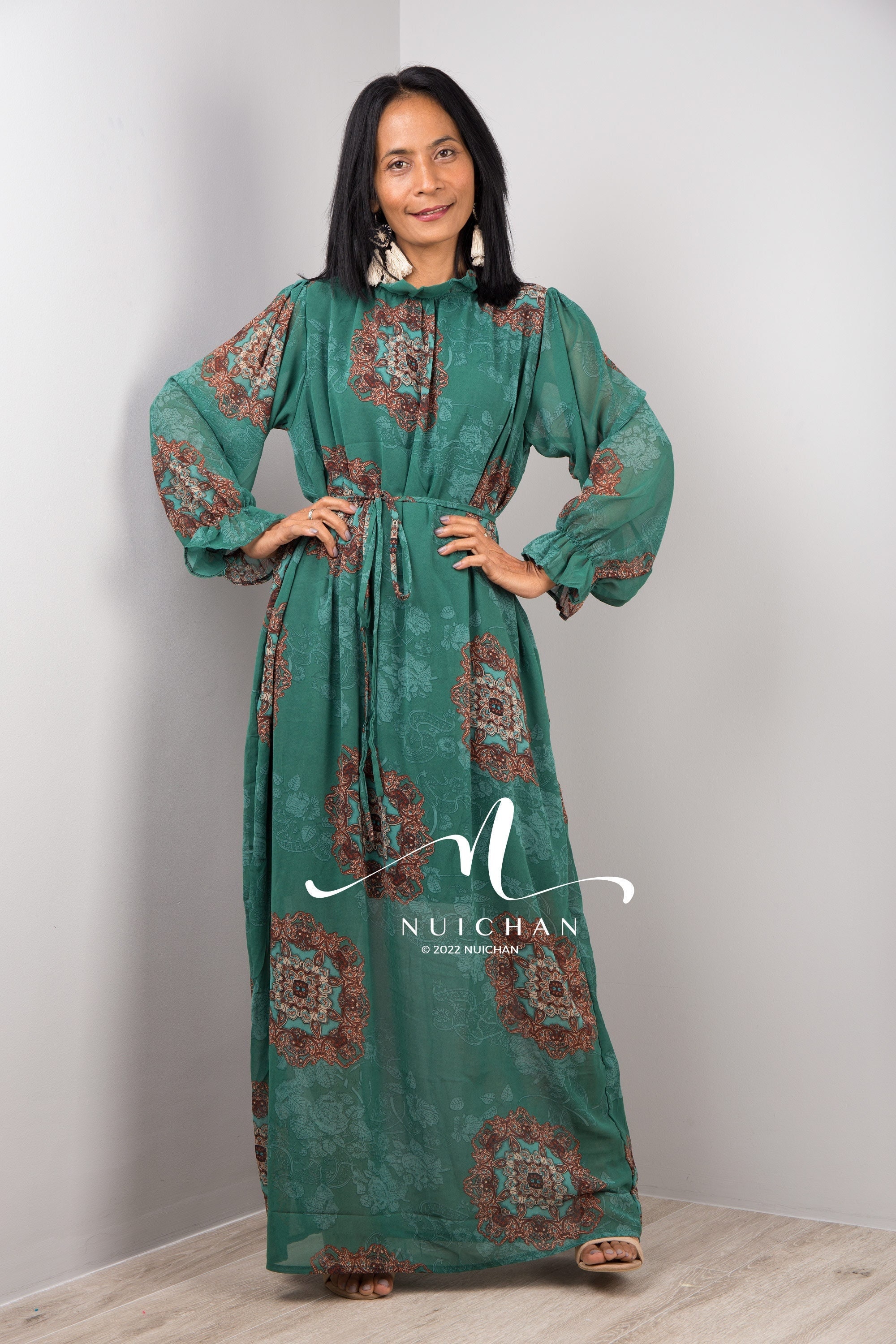 Green Chiffon Tiered Maxi Dress With Long Sleeves A Modest