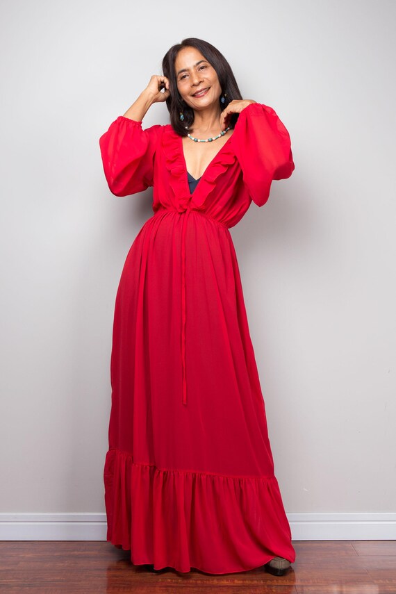 red chiffon ruffle layer maxi dress Virella Crimson blossom layers Tiered chiffon maxi dress