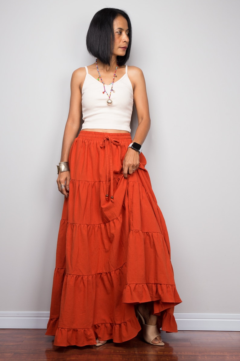 Tiered orange peasant maxi skirt Long orange skirt Mamma Etsy