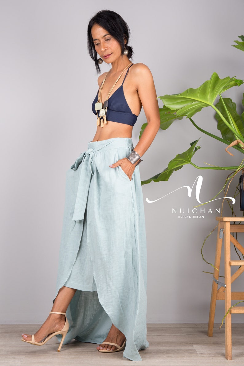 Cotton Wrap Skirt for women. A cotton gauze summer Skirt.  Asymmetrical organic cotton skirt in soft green.  Beach holiday resort skirt.