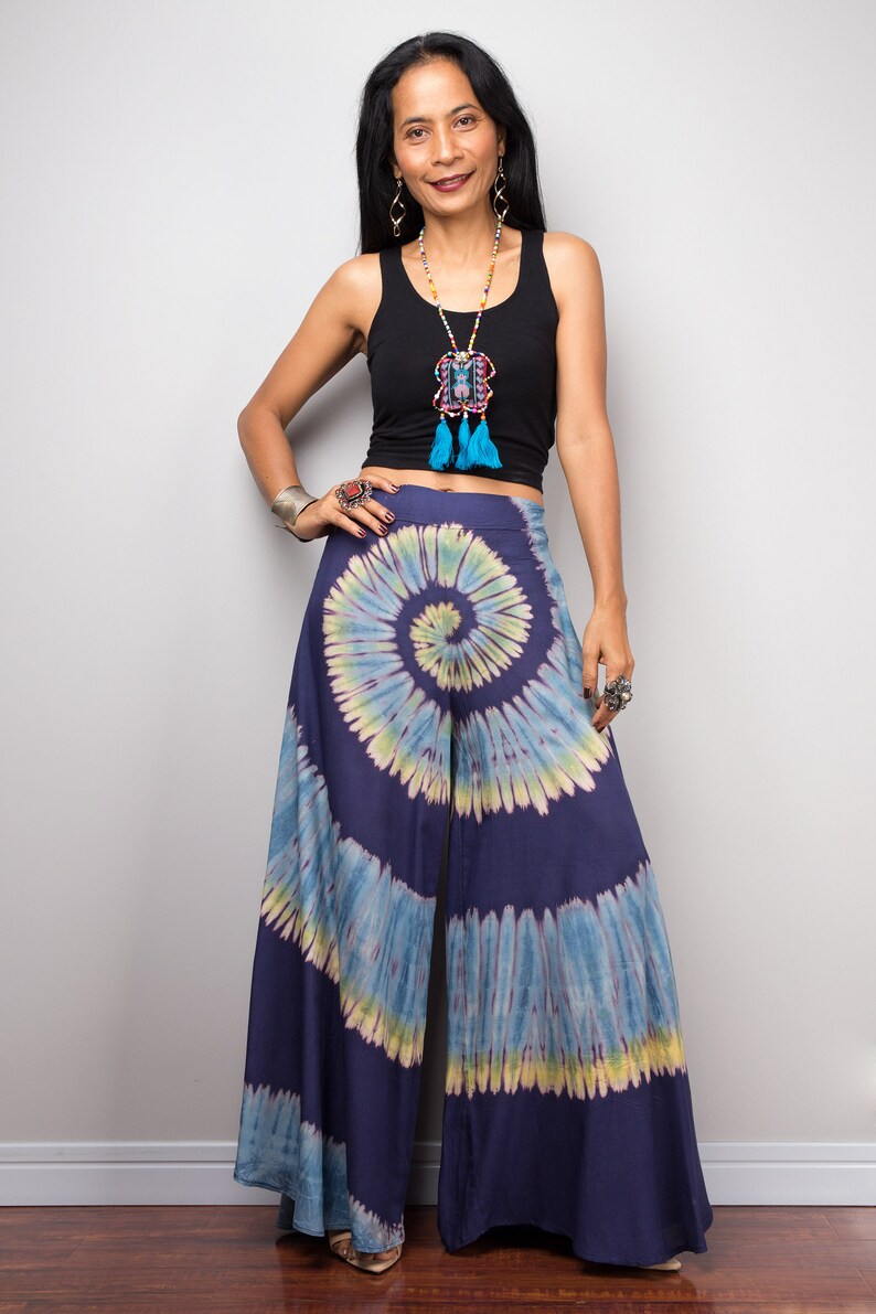 Hippie gypsy pants Teal Wide leg pants Tie Dye pants Flare bell bottoms pants with split