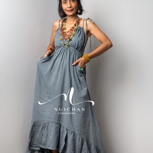 Cotton strap dress with open back, short front boho dress, bohemian maxi dress, grey summer beach dress with pockets and straps. image 7