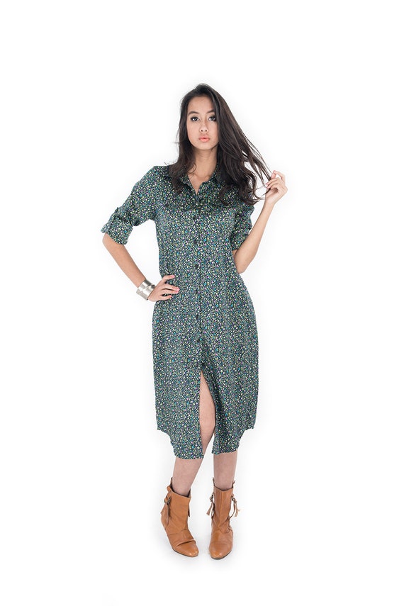 Long Shirt Dress / Long Cotton Satin Shirt / Women's Shirt - Floral Shirt : Simply Touch Collection No.4