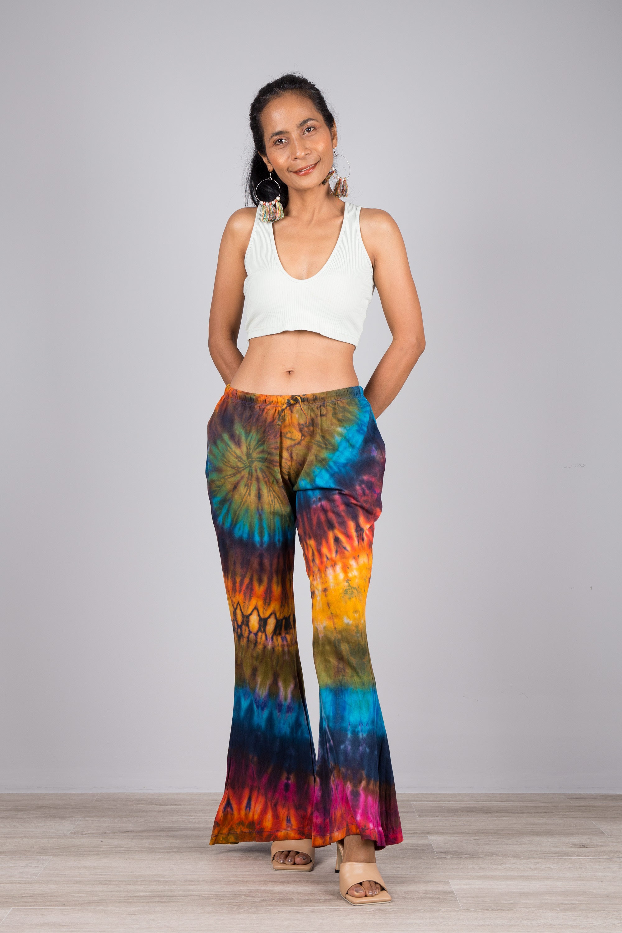 Boho Hippie Flare Pants | Wide Leg Pants | Tie Dye Rainbow Summer