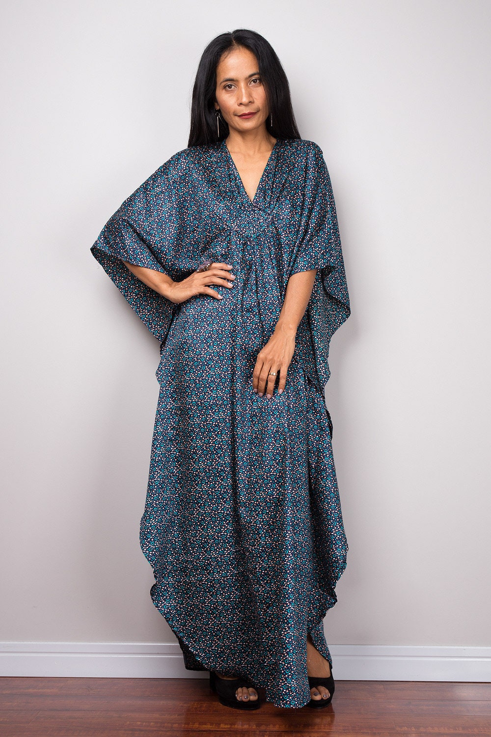 Loose fit kaftan maxi dress Blue cotton silk dress Boho | Etsy