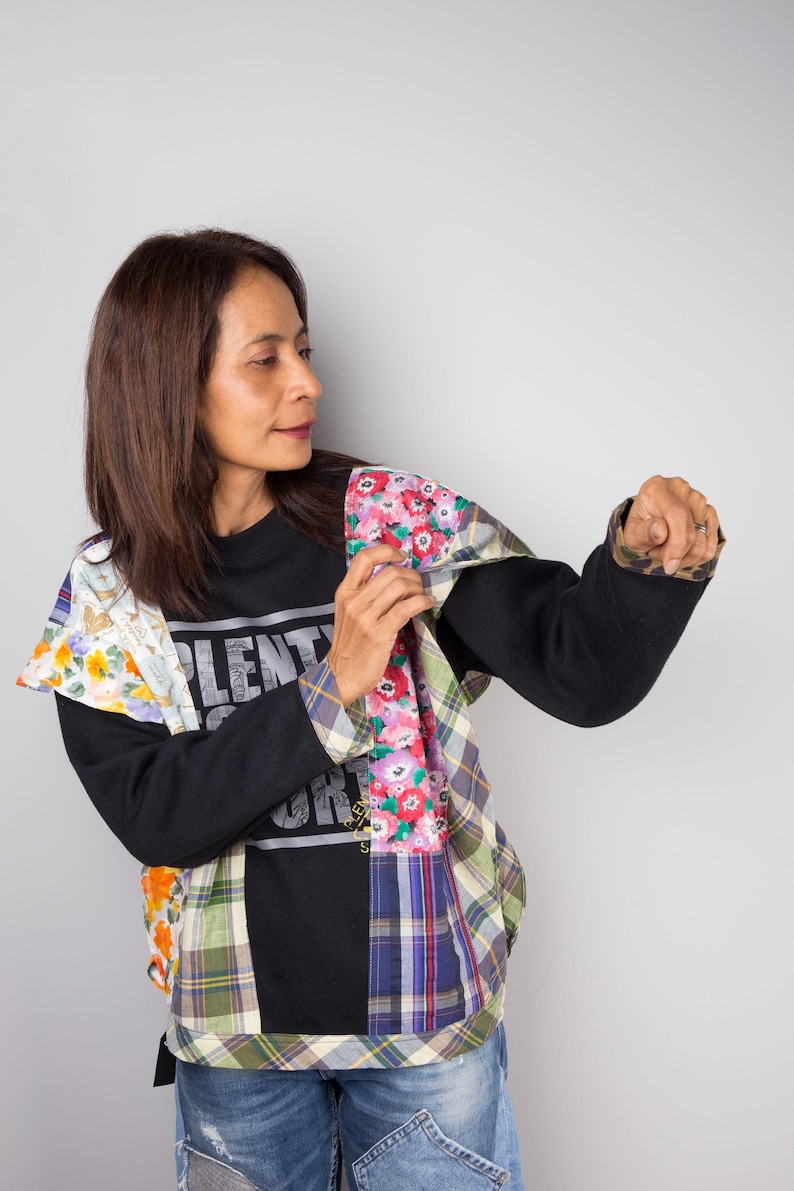 Patchwork sweater, Reworked pullover, Black sweater with plaid and floral patchwork, one of a kind reworked sweater, streetstyle pullover image 1