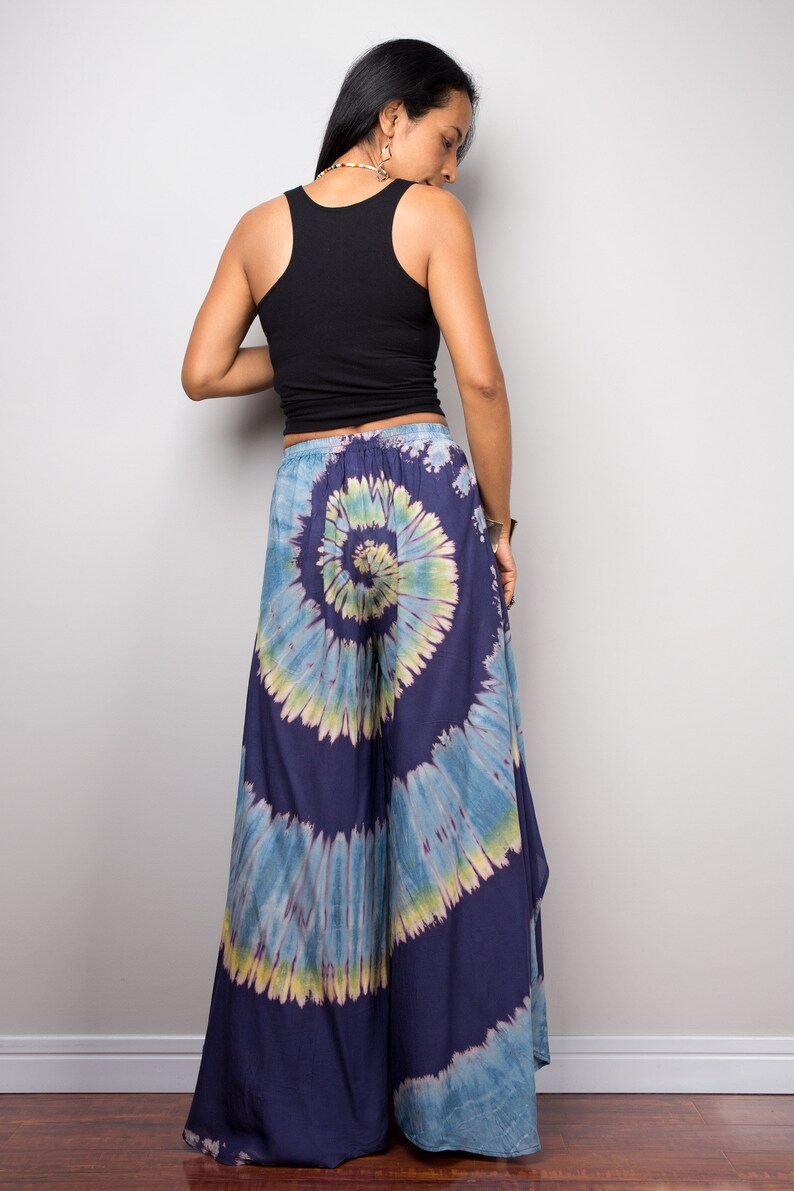 Hippie gypsy pants Teal Wide leg pants Tie Dye pants Flare bell bottoms pants with split