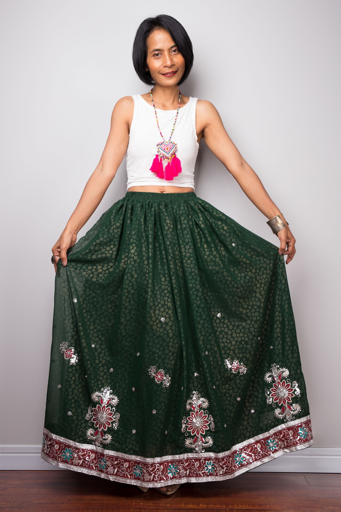 Green Saree Skirt Gathered Sari Maxi Skirt Long Boho Green Etsy