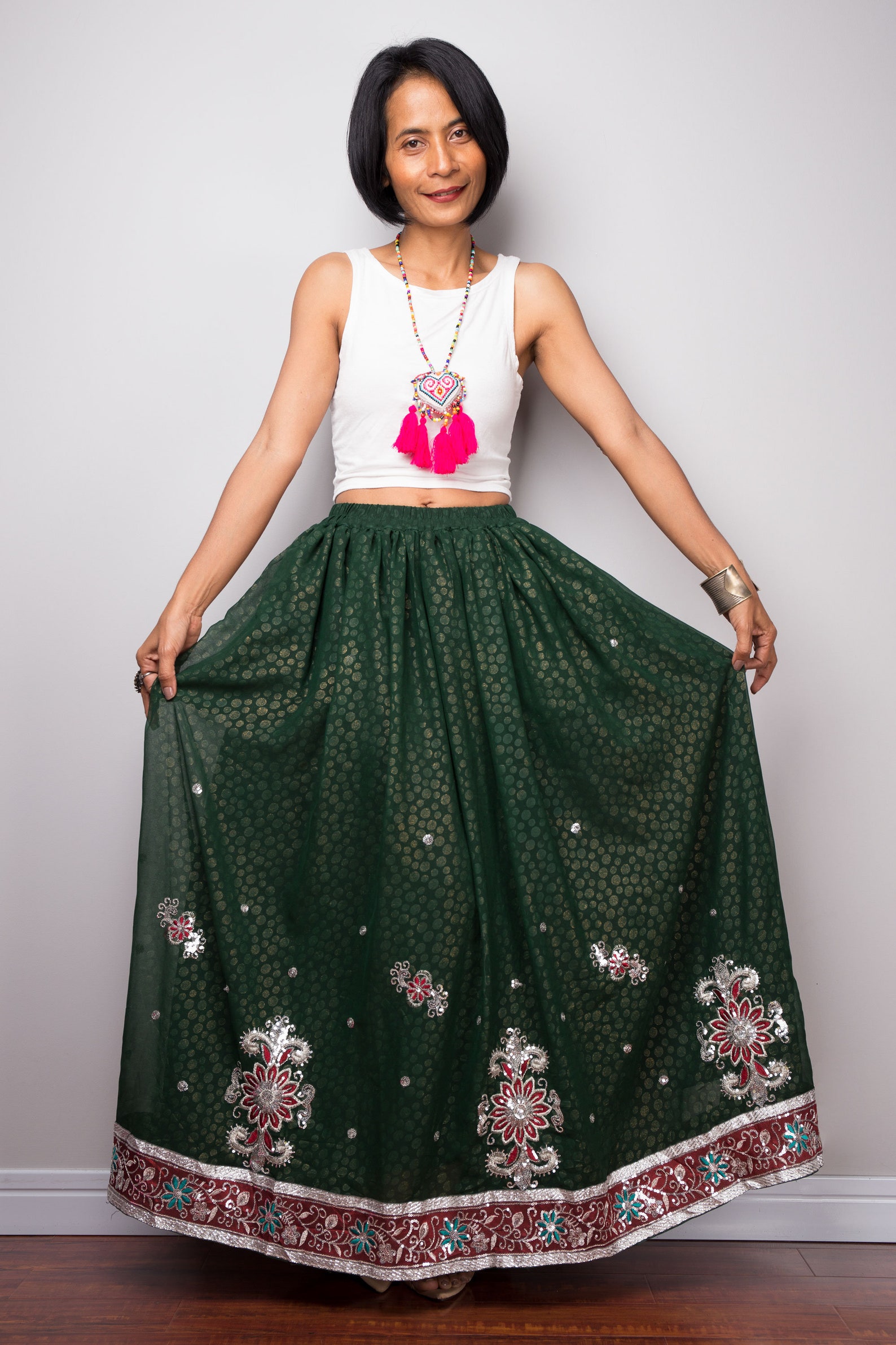 Green Saree Skirt Gathered Sari Maxi Skirt Long Boho Green Etsy