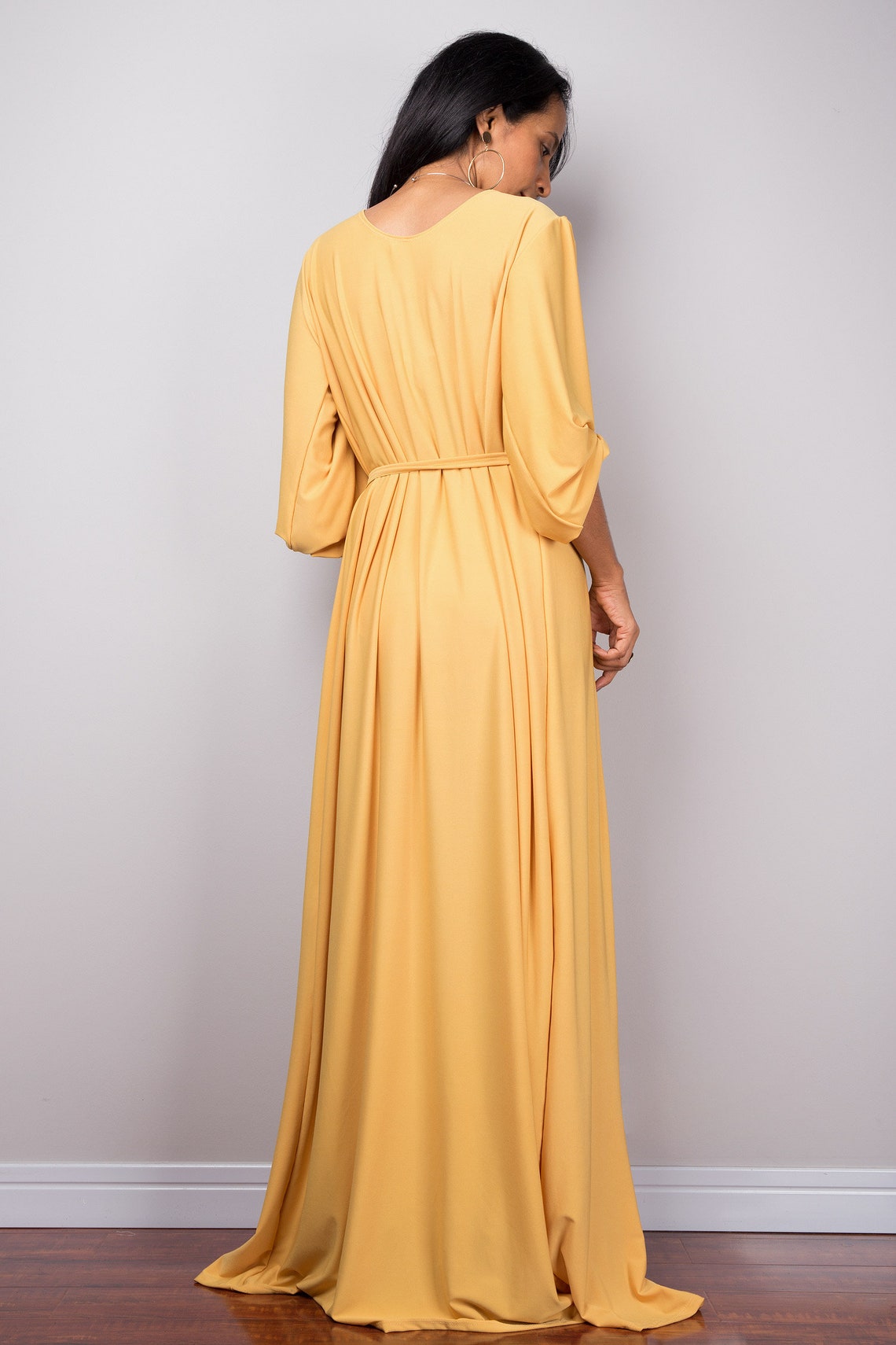 Yellow dress Evening maxi dress dress long sleeves Pleated | Etsy