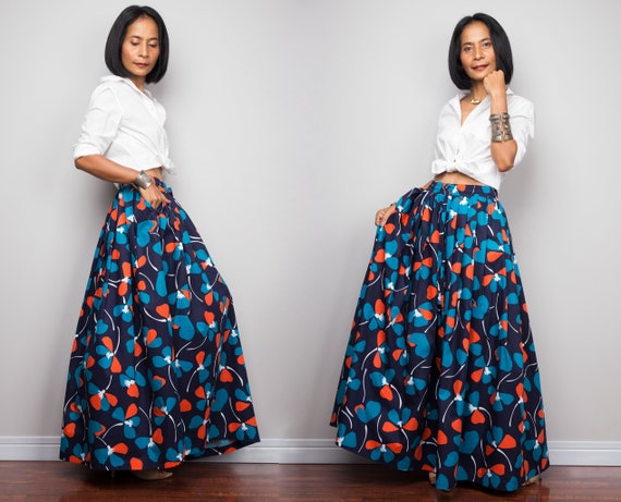 Floral Skirt Pleated Maxi Skirt Blue 