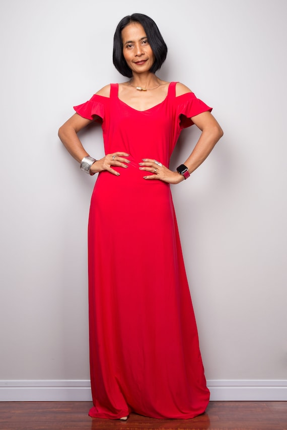 Red Halter Maxi Dress | Cold Shoulder Evening Gown
