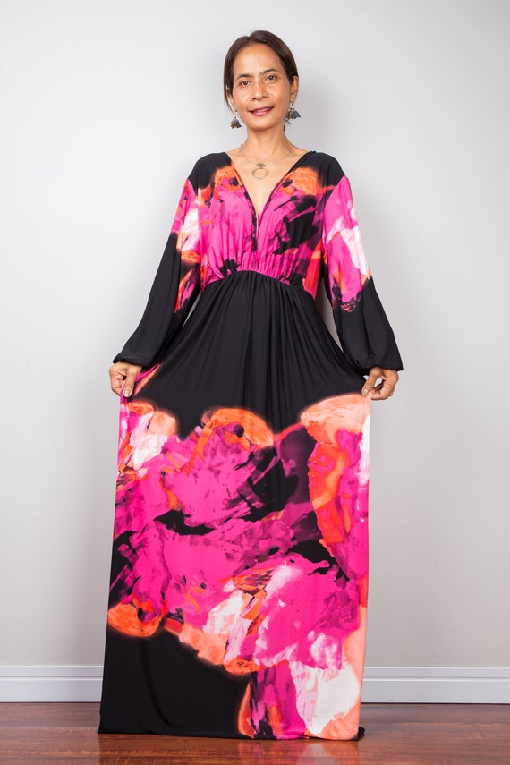 pink and black long sleeve maxi dress Black and Pink Colorblock Maxi Dress BLANK