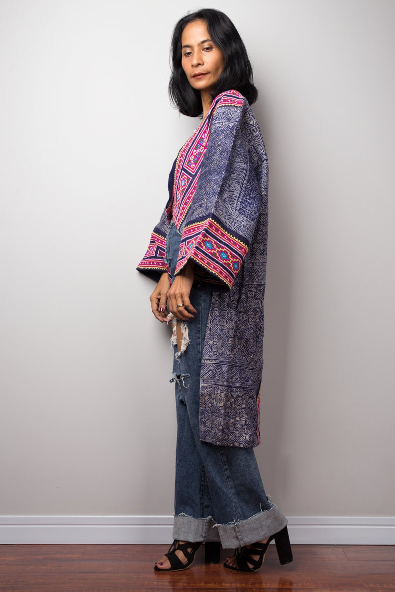 Vintage Hill tribe fabric design Hill tribe tunic Hand batik print on hemp Short Front Bohemian Chic tunic