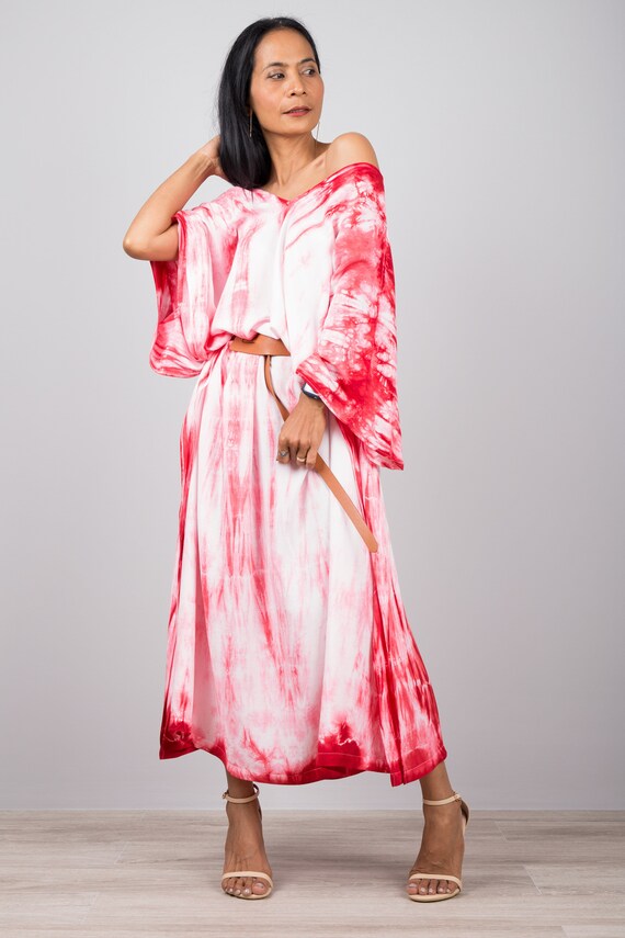 red and white tie dye maxi dress Red Tie Dye Kaftan Dress, Boho Maxi Dress With Pockets