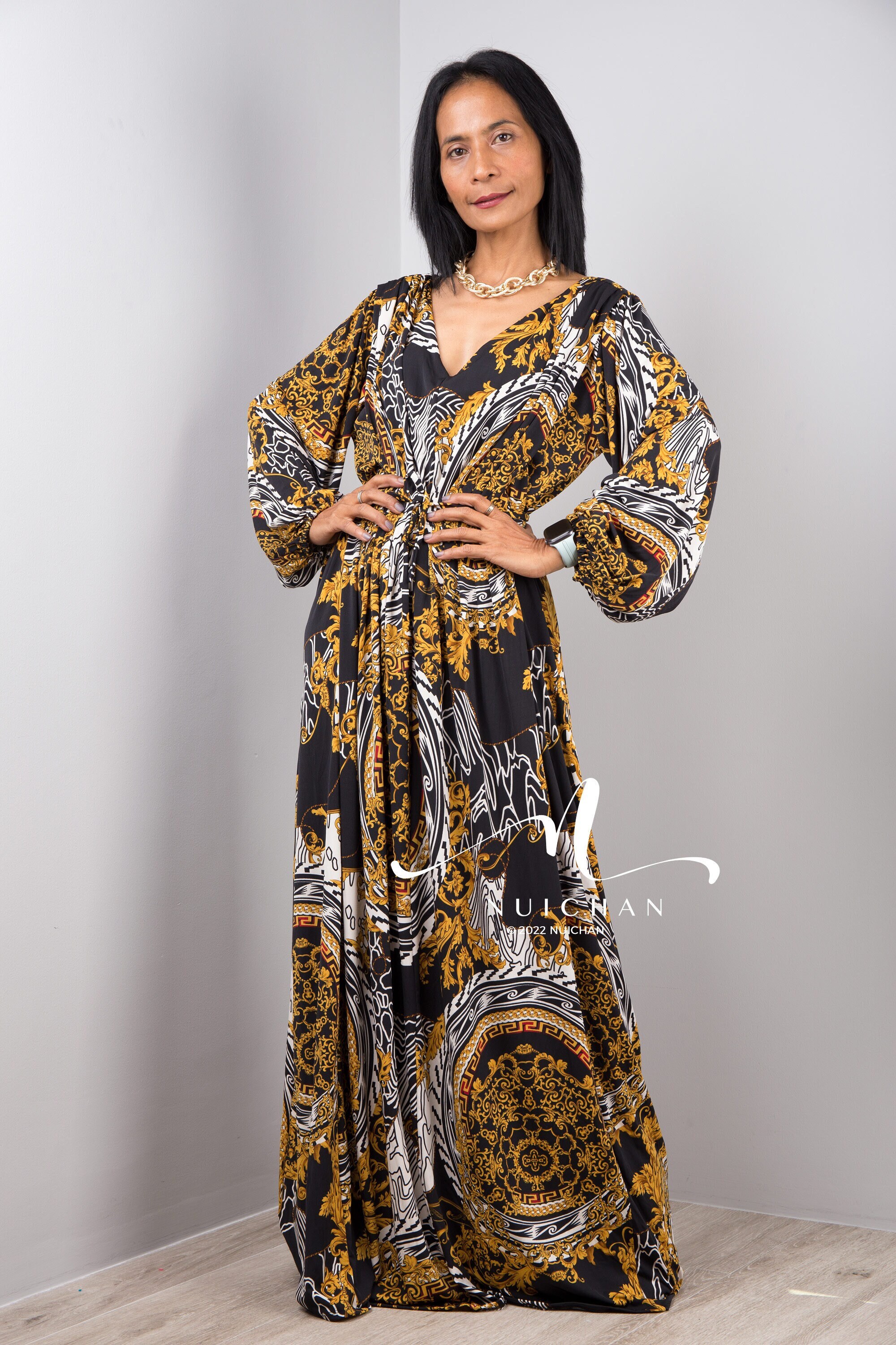 Long Sleeve Boho Maxi Dress, Elegant Evening Frock
