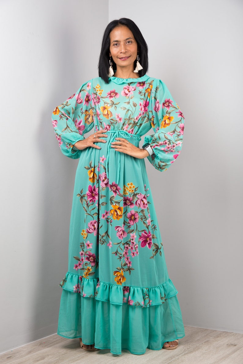 Floral Chiffon Maxi Dress Long Sleeves Modest Gown Dress With - Etsy