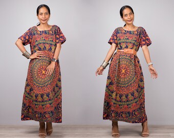Boho Cotton Midi Dress: Short Sleeve Loose Fit Summer Dress