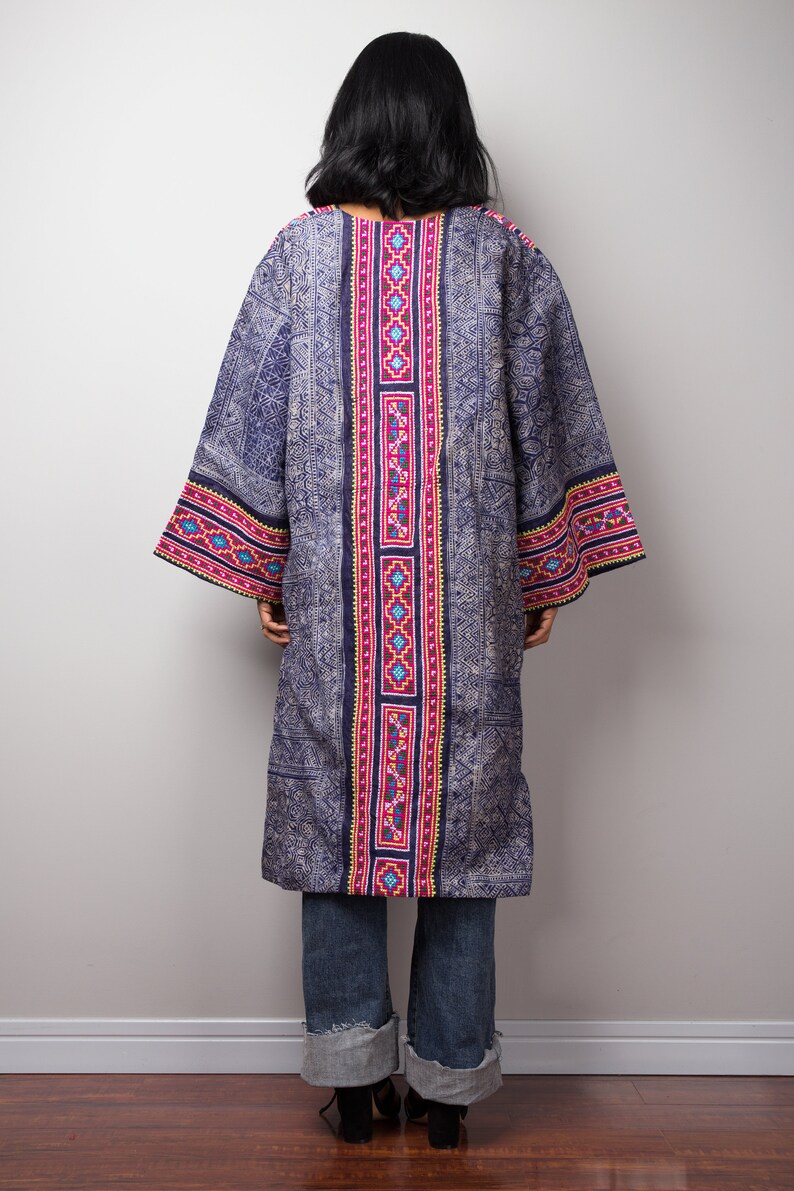 Vintage Hill tribe fabric design Hill tribe tunic Hand batik print on hemp Short Front Bohemian Chic tunic