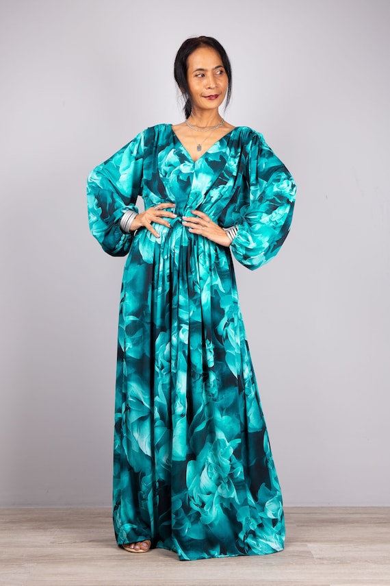 teal boho dress maxi with long sleeves Size:38 Unhemmed and an open v ALEJANDRA This striking Irresistible dress