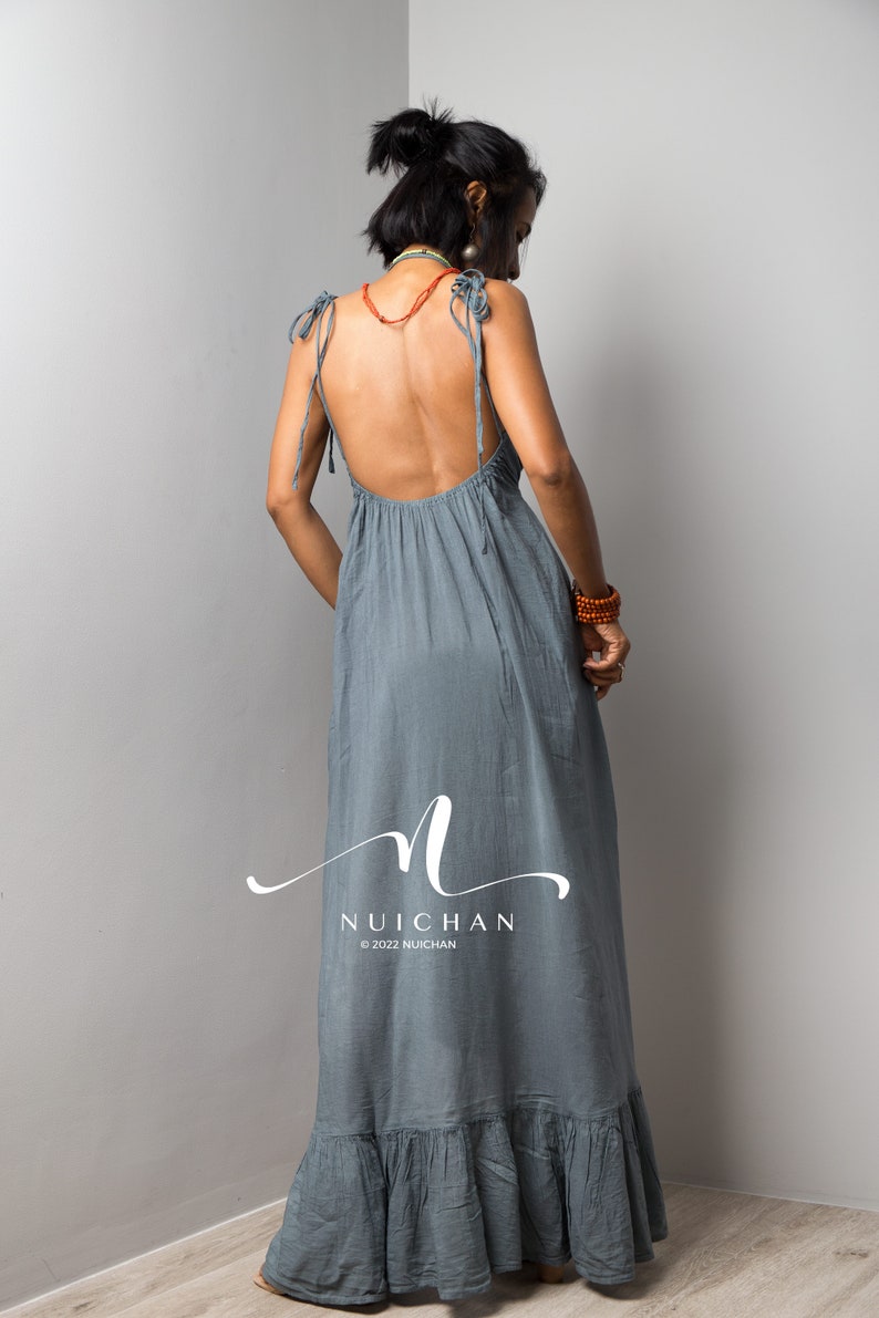 Cotton strap dress with open back, short front boho dress, bohemian maxi dress, grey summer beach dress with pockets and straps. image 10