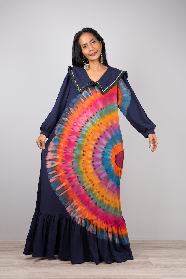 Blue Orange Tie Dye Print Knotted Quarter Sleeve Maxi Dress