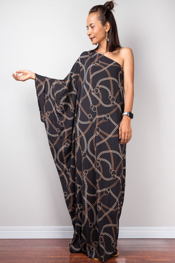 Black kaftan dress, Off shoulder women's maxi dress with chain print, one shoulder dress, long sleeve dress for women
