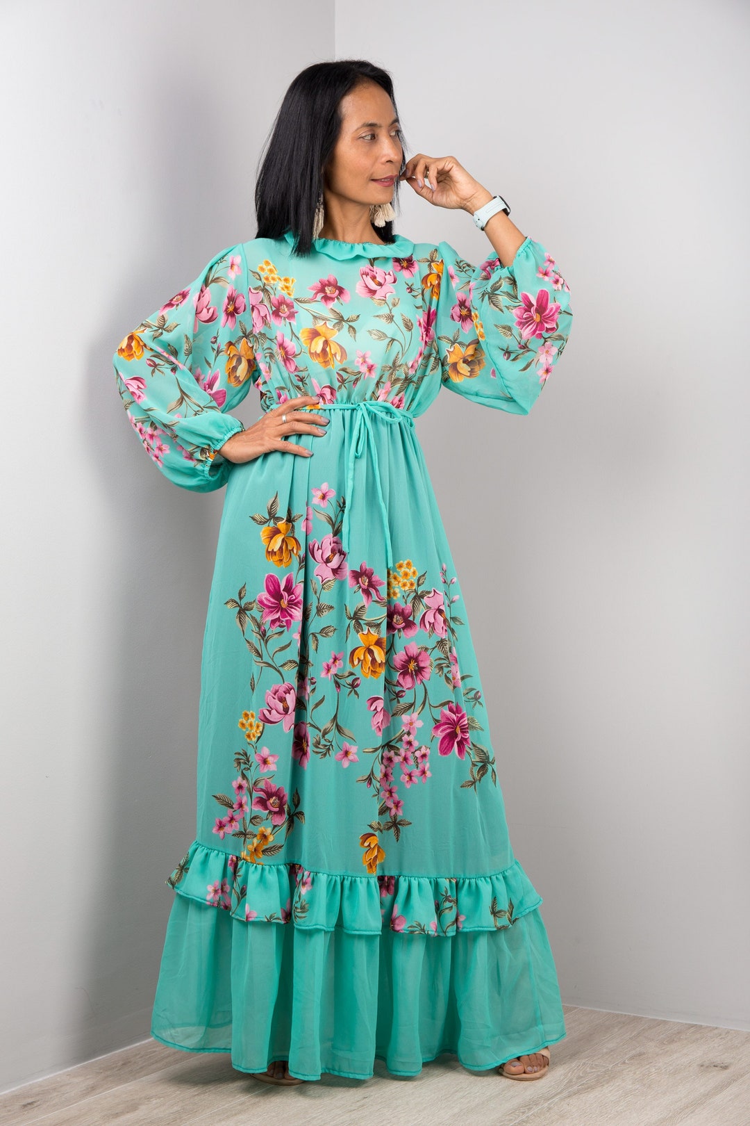 Floral Chiffon Maxi Dress Long Sleeves Modest Gown Dress With - Etsy