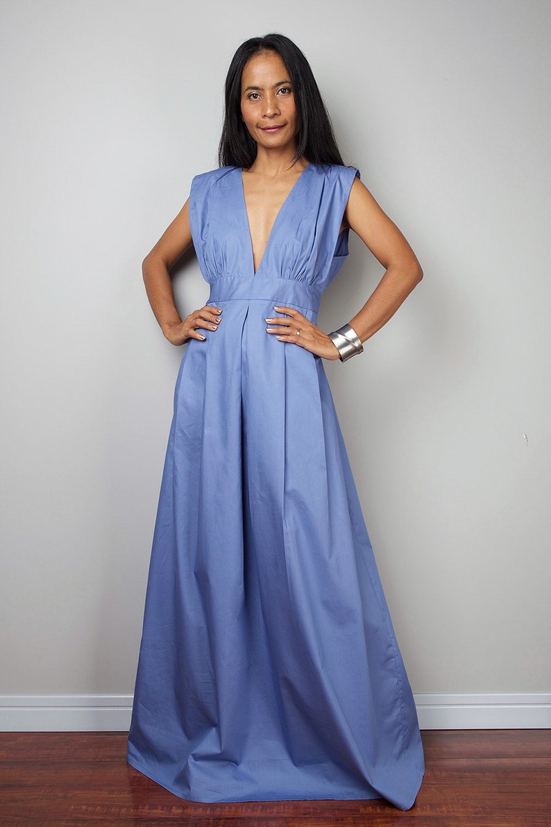 Sleeveless Blue Bridesmaid Dress, A High waist maxi dress with plunging neckline OS2 image 1