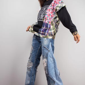 Patchwork sweater, Reworked pullover, Black sweater with plaid and floral patchwork, one of a kind reworked sweater, streetstyle pullover image 7