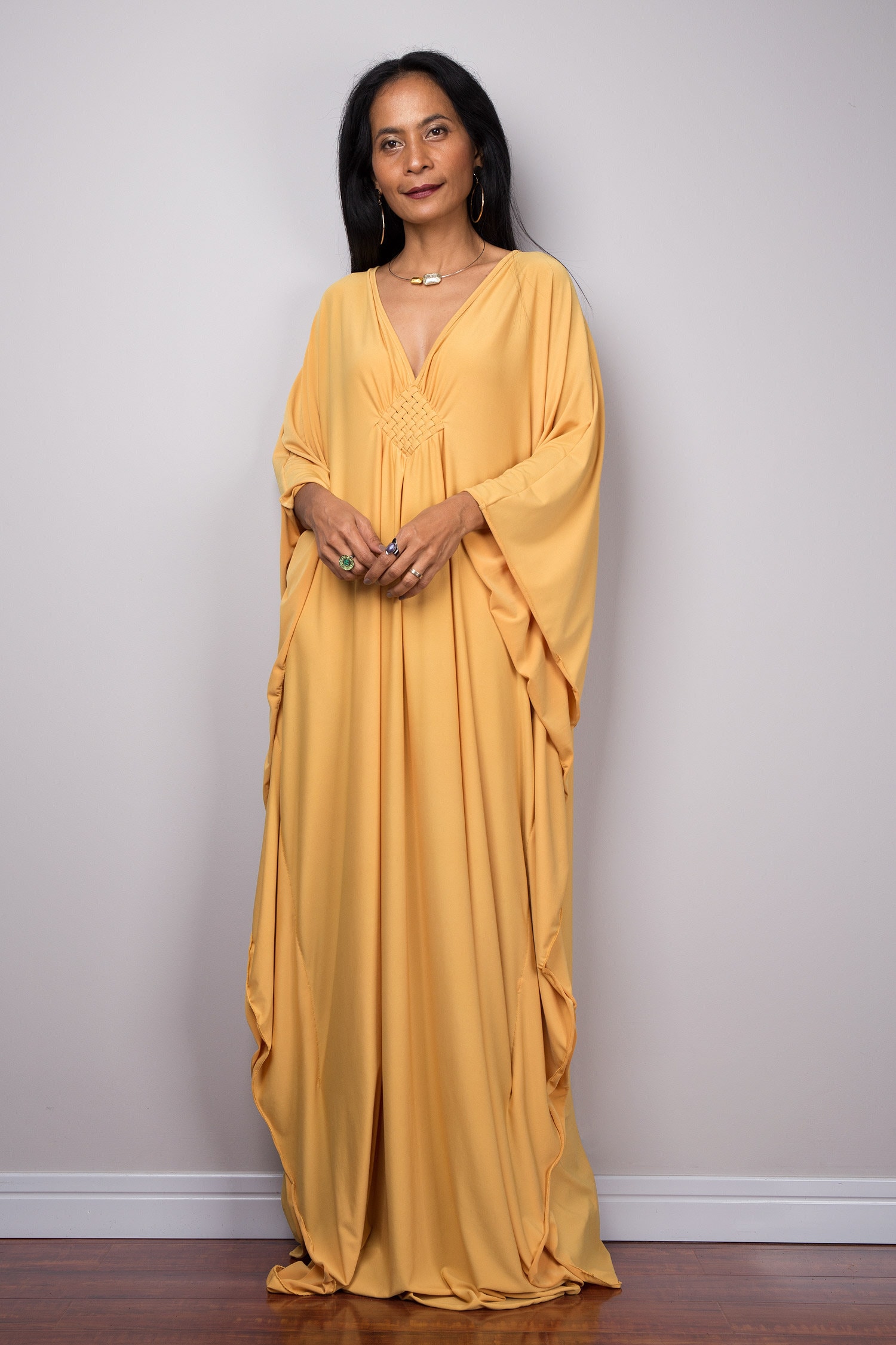 Yellow Hand Embellished Poncho Kaftan Style Dress