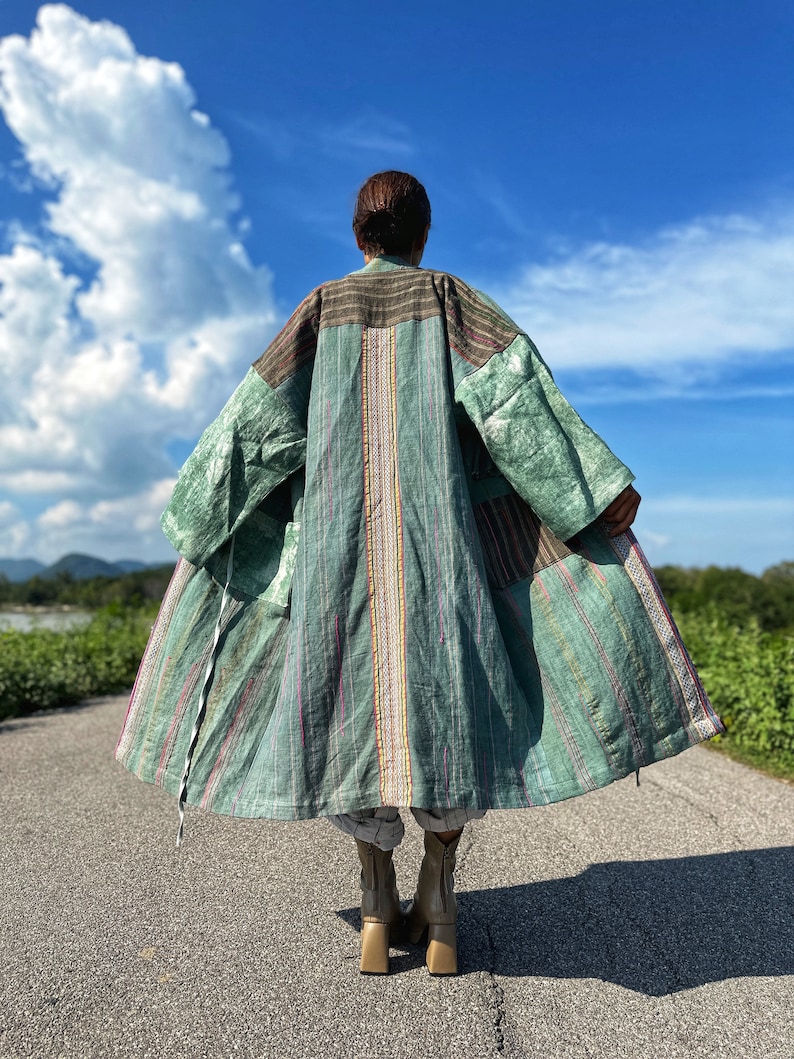 Open front cardigan, Green hemp coat, Handwoven hemp duster , Soft green tie dye coat with Hmong embroidery details image 3