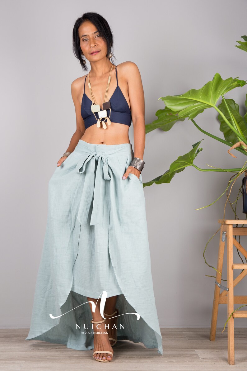 Cotton Wrap Skirt for women. A cotton gauze summer Skirt.  Asymmetrical organic cotton skirt in soft green.  Beach holiday resort skirt.
