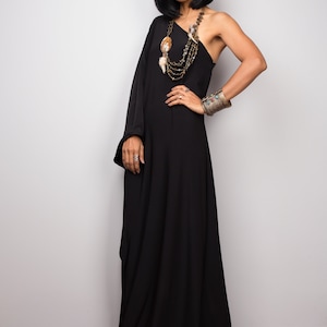 Black one shoulder dress, Long black kaftan dress, Off shoulder evening dress, cocktail dress, black party dress, caftan maxi dress image 4