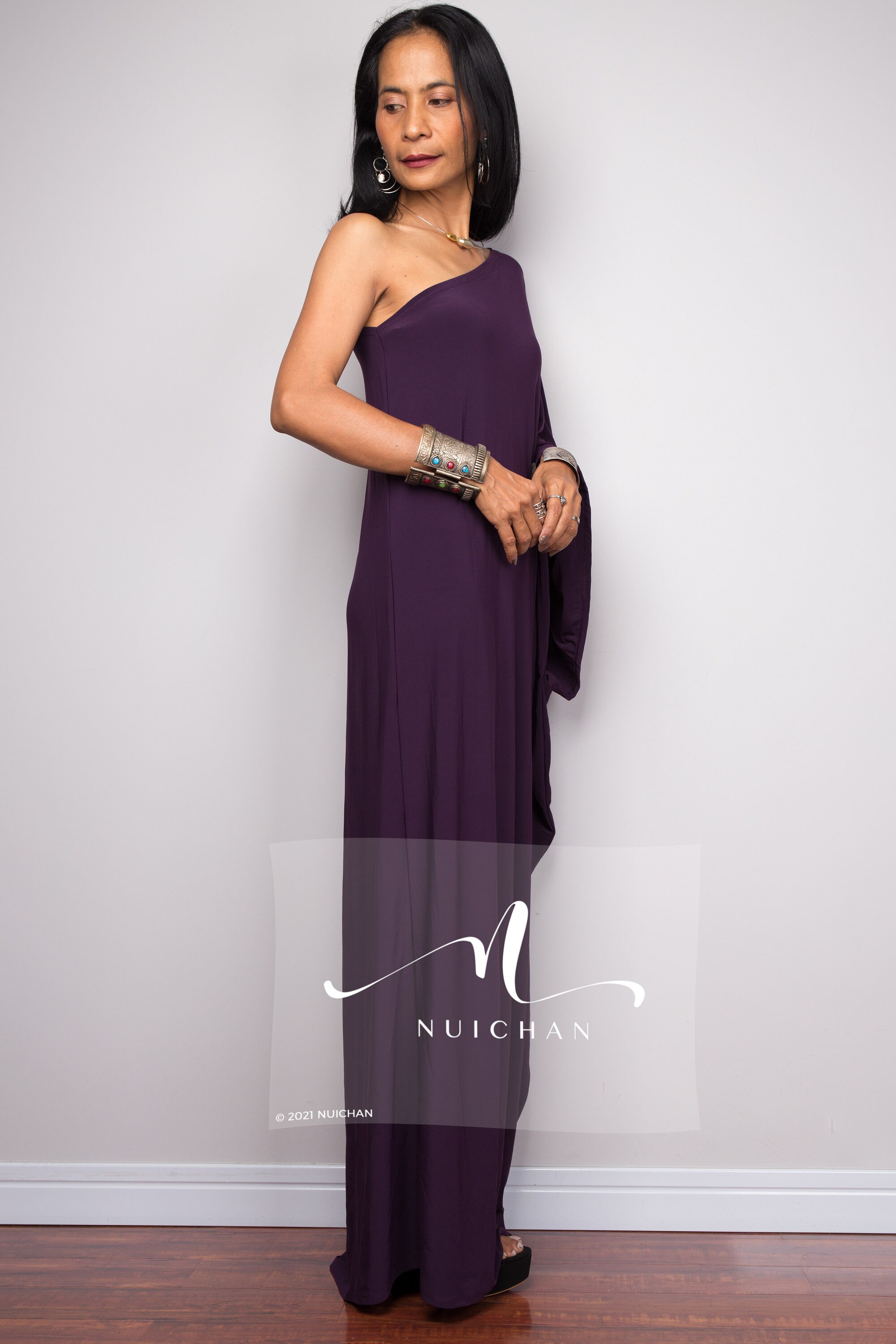 fitted lace wedding dress Deep Purple Hand Ruched One Shoulder Draped Gown main image 1