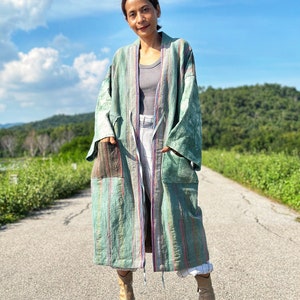 Open front cardigan, Green hemp coat, Handwoven hemp duster , Soft green tie dye coat with Hmong embroidery details image 2